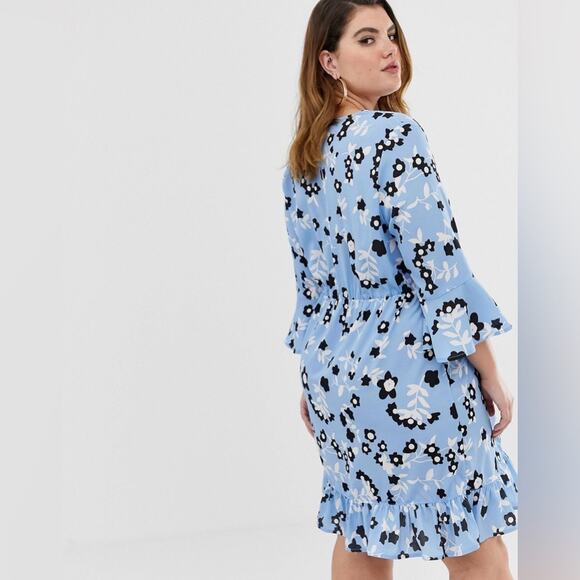 NWT UNIQUE21 Blue Ruffle Chiffon Hero Floral Print Smock A Line Dress Light - Picture 5 of 13